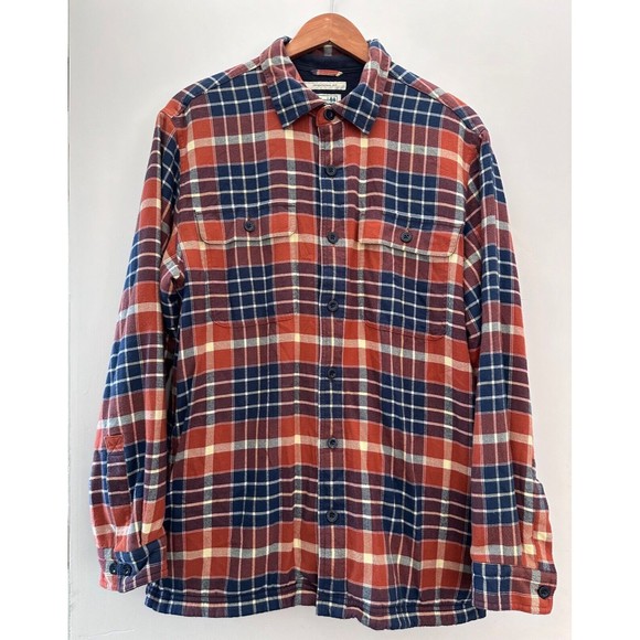 LL Bean Fleece Lined Flannel Shirt Jacket Men's Medium Shacket Navy Plaid - Picture 1 of 13